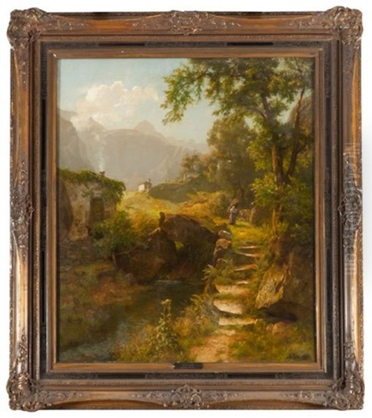 Femme Au Fagot Dans Un Paysage De Montagnes Oil Painting by August Wilhelm Leu