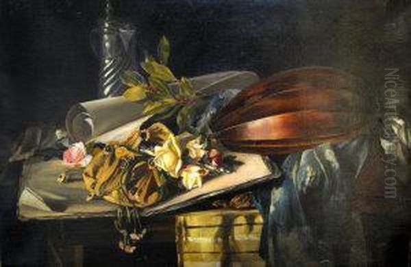 Still Life With A Mandolin, Flagon And Flowers Oil Painting by Bela Benczur