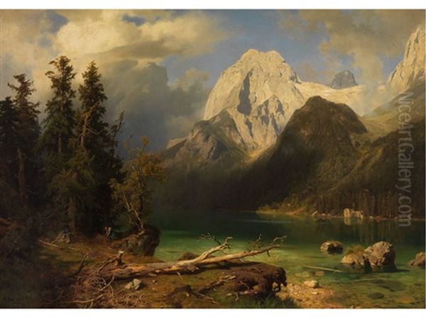 Gebirgssee Mit Gebirgsmassiv Im Hintergrund Oil Painting by August Wilhelm Leu