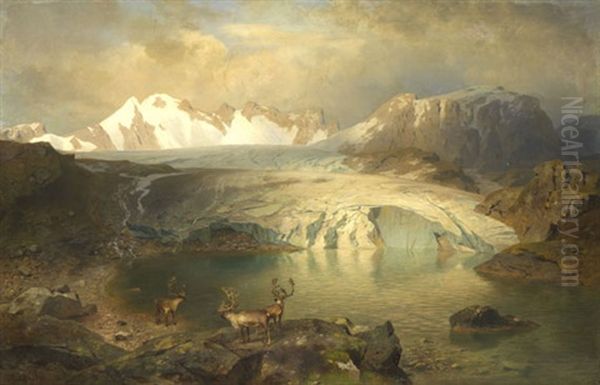 Fjordlandschaft Mit Gletscher Und Rentieren by August Wilhelm Leu