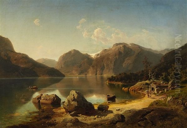 Morning Over A Mountainous Norwegian Landscape by August Wilhelm Leu