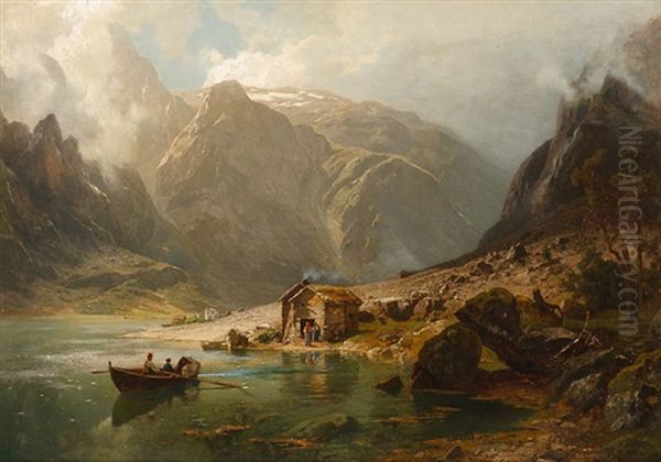 Fischerfamilie In Ihrer Hutte Am Fjord Oil Painting by August Wilhelm Leu