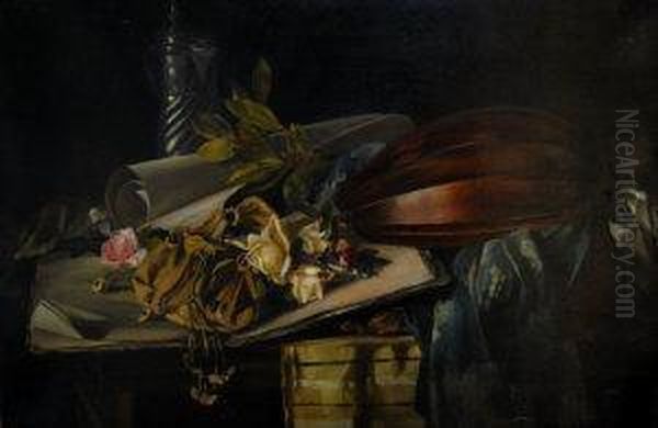 Still Life With A Mandolin Oil Painting by Bela Benczur