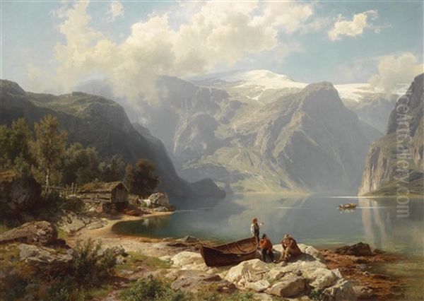 Sonniger Tag An Einem Norwegischen Fjord Oil Painting by August Wilhelm Leu