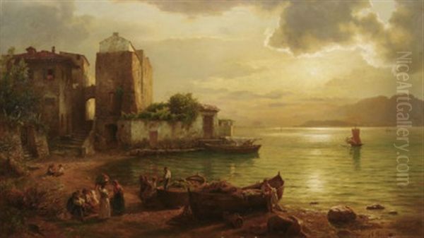 Capri. Butes Treiben In Einer Von Der Abensonne Beschienenen Bucht Oil Painting by August Wilhelm Leu