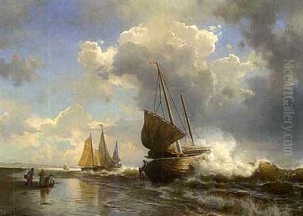 Anlandende Segelboote Oil Painting by August Wilhelm Leu