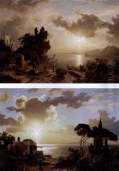 Italian Coastal Scene At Sunset (+ Another; Pair) Oil Painting by August Wilhelm Leu