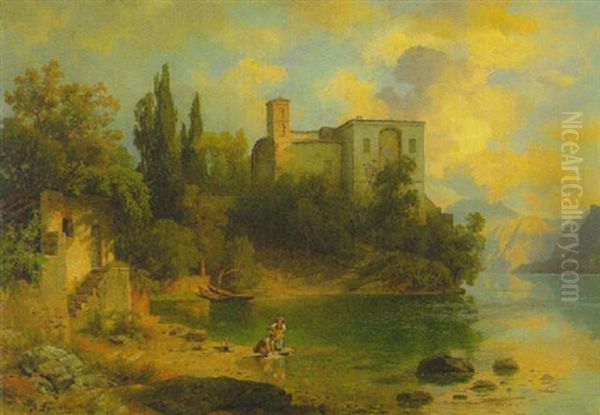 An Einem Oberitalienischen See, Vorn Wascherinnen Am Ufer Und Eine Klosteranlage Im Hintergrund Oil Painting by August Wilhelm Leu