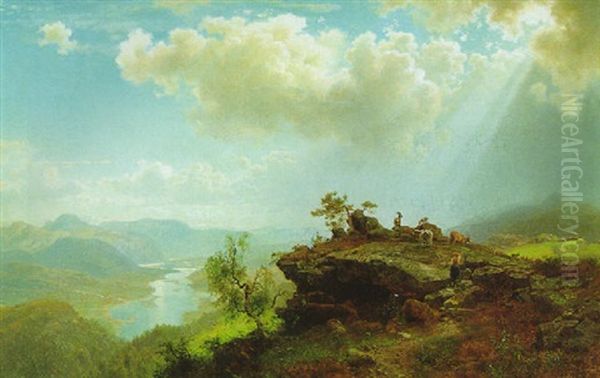 Blick Ins Isartal Oil Painting by August Wilhelm Leu