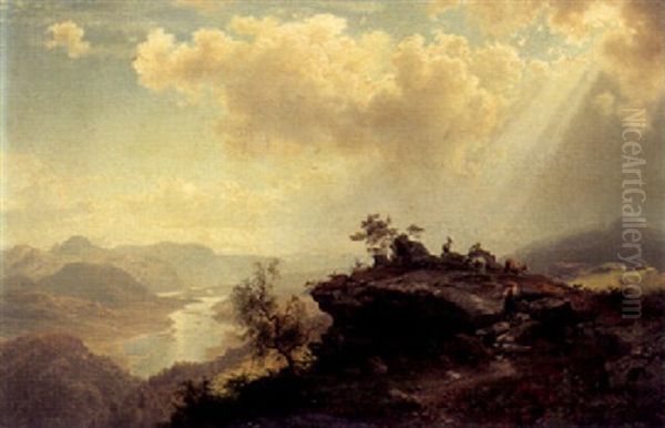 Bjerglandskab Med Kvaeg Og Geder Pa Et Klippefremspring Oil Painting by August Wilhelm Leu