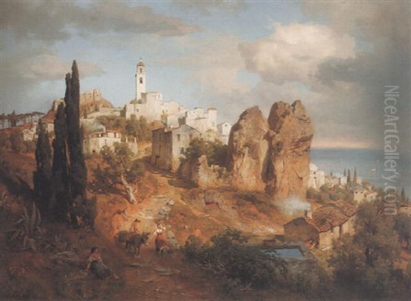 Partie Bei Roccabruna Bei Nizza, Abendlandschaft Oil Painting by August Wilhelm Leu