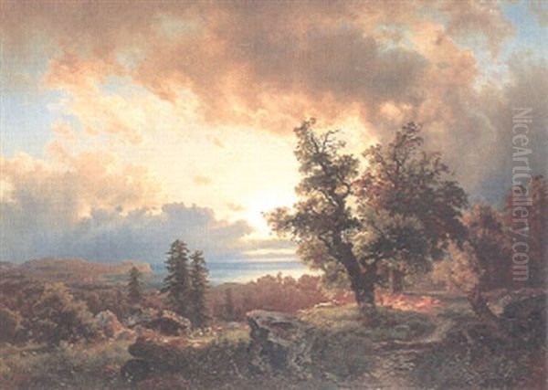 Landskap Med Boskap, Solnedgang Oil Painting by August Wilhelm Leu