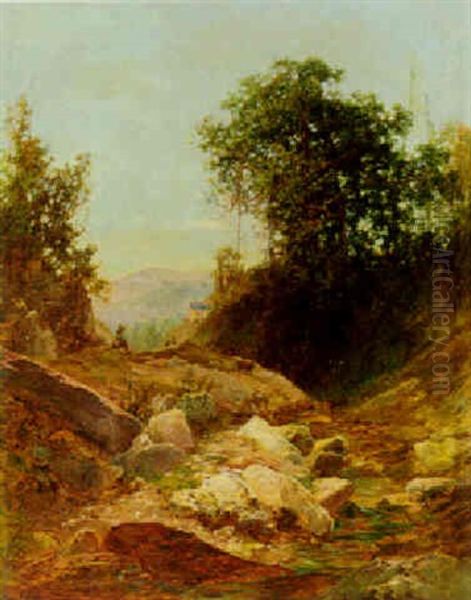 Ziegenhirte In Bergiger Landschaft Oil Painting by August Wilhelm Leu