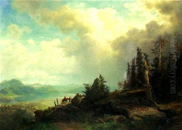 Travellers On A Path In A Mountainous Landscape Oil Painting by August Wilhelm Leu