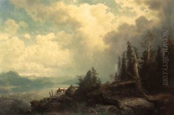 Travellers On A Path In A Mountainous Landscape Oil Painting by August Wilhelm Leu