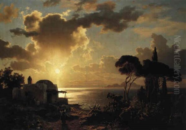 Southern Italian Villages At Sunset Oil Painting by August Wilhelm Leu