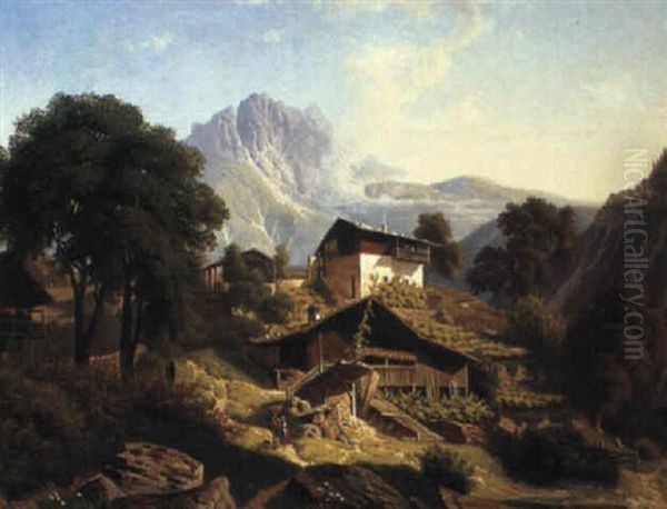 A Landscape In The Alps Oil Painting by August Wilhelm Leu