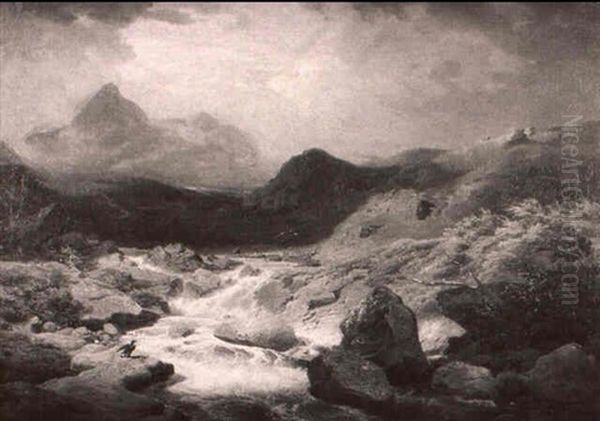 A Mountain Landscape With Raging Stream Oil Painting by August Wilhelm Leu