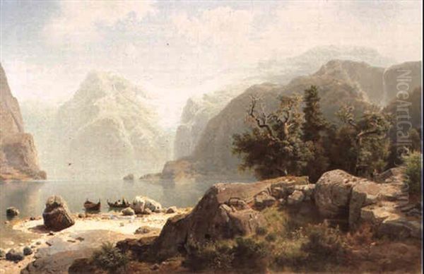 Au Bord Du Lac Alpestre Oil Painting by August Wilhelm Leu