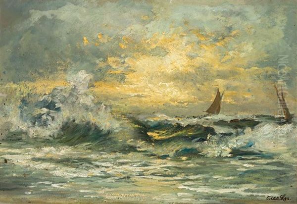 Segelschiffe In Sturmischer See Oil Painting by Oskar Leu