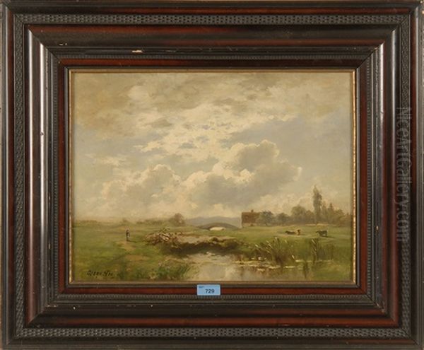 Pastoral Landscape With Cows Oil Painting by Oskar Leu