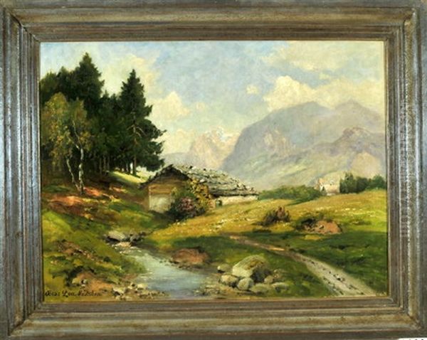 Berglandschaft Mit Hutte Am Bachlauf Oil Painting by Oskar Leu