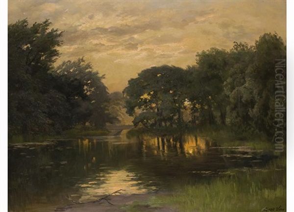 Parklandschaft Mit Teich Und Brucke Im Gegenlicht Der Abendsonne Oil Painting by Oskar Leu