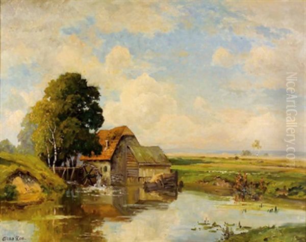 Sommerlandschaft Mit Muhle Oil Painting by Oskar Leu