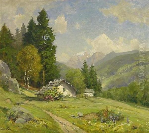 Berghutte In Sommerlicher Gebirgslandschaft Oil Painting by Oskar Leu