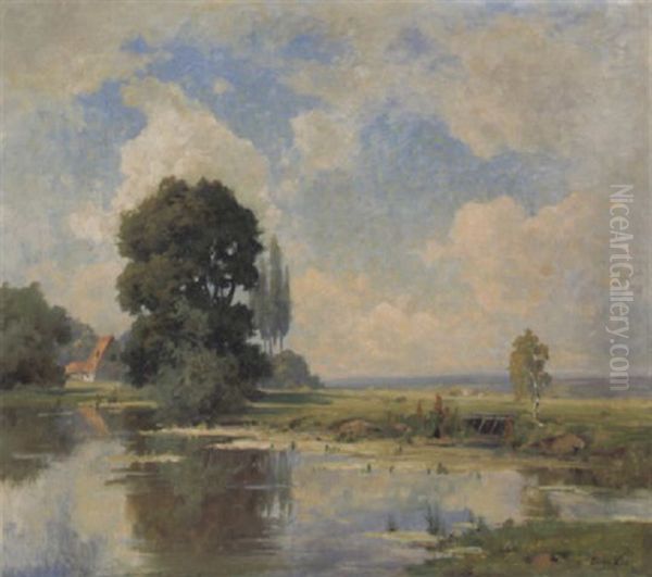 Sommerlandschaft Mit Teich Und Gehoft Oil Painting by Oskar Leu