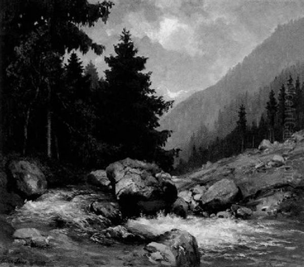 Cascades At The Foot Of The Mountain Oil Painting by Oskar Leu