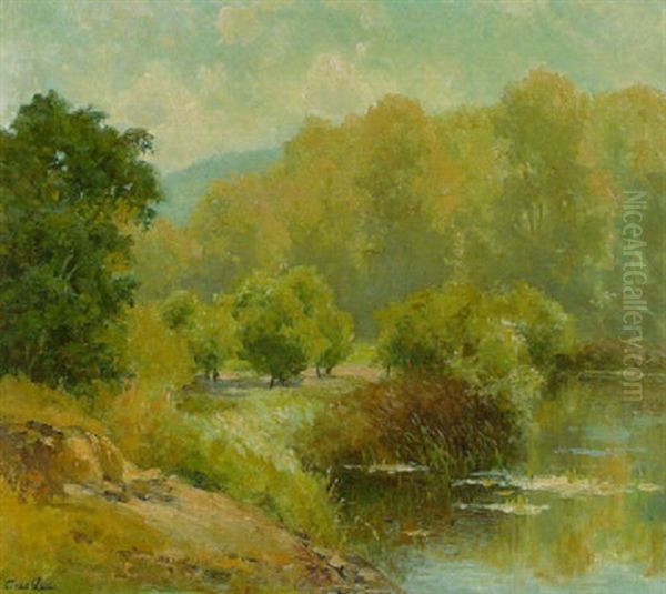 Buschwerk Und Baume Am Wasser (isar-ufer?) Oil Painting by Oskar Leu