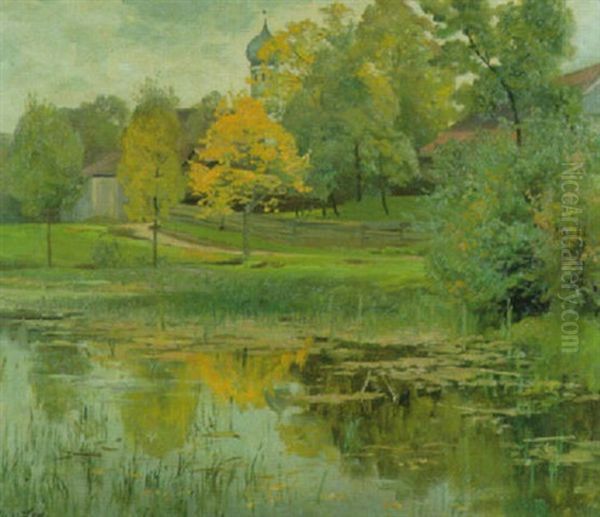 Dorfansicht Mit Weiher In Den Voralpen Oil Painting by Oskar Leu