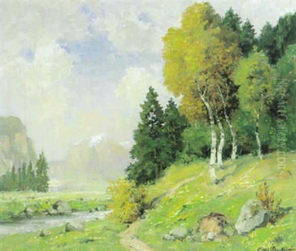 Voralpenlandschaft Mit Gebirgshorizont An Einem Sonnigen Fruhlingstag Oil Painting by Oskar Leu