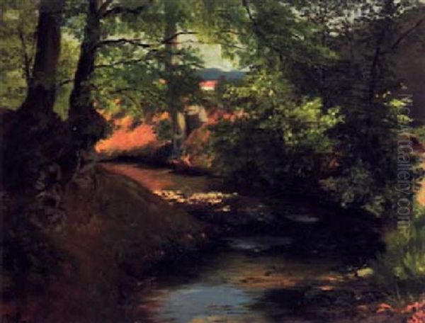 Bewaldeter Fluslauf Oil Painting by Oskar Leu