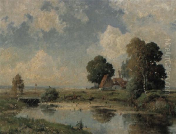 Sommerliche Fluslandschaft Mit Kirche Und Gehoft Oil Painting by Oskar Leu