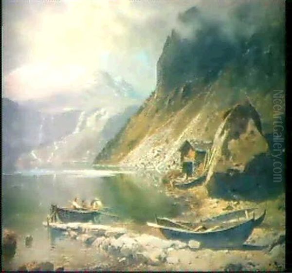 Bergsee Mit Fischerbooten Oil Painting by Oskar Leu