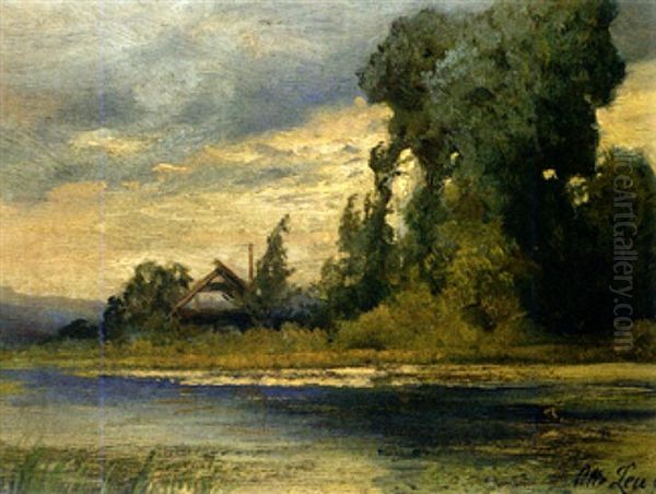 Abendliche Flusslandschaft Mit Malerischer Baumgruppe Im Gegenlicht Oil Painting by Otto-Friedrich Leu