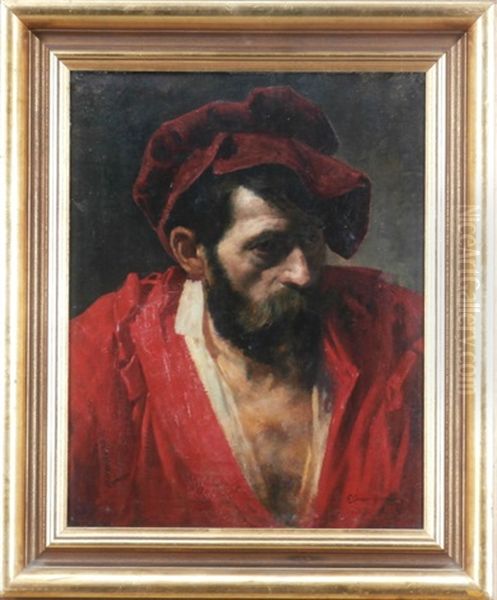 Man In Red Hat Oil Painting by Ernst Otto Leuenberger