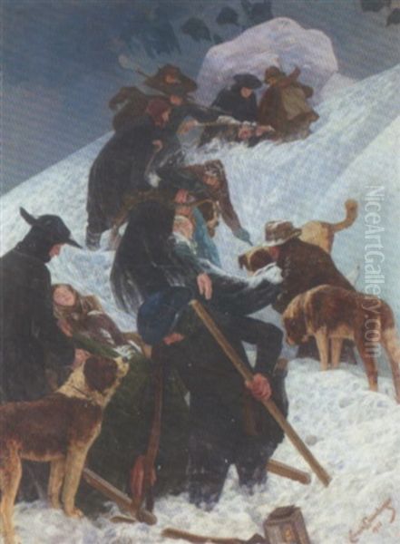 Das Lawineungluck Am Grossen Sankt Bernhard Oil Painting by Ernst Otto Leuenberger