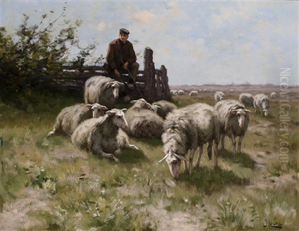 Shepherd With Sheep In A Sunny Pasture Oil Painting by Johannes Karel Leurs