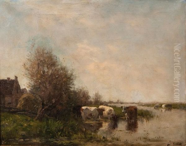 River Landscape With Cows Oil Painting by Johannes Karel Leurs