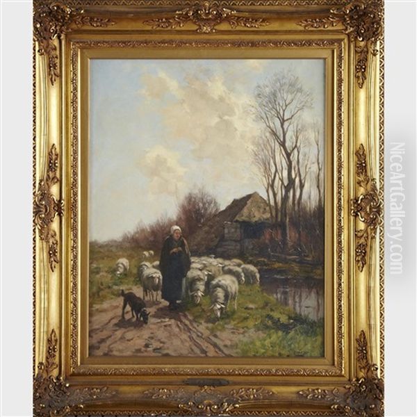 Shepherdess Leading Sheep Oil Painting by Johannes Karel Leurs