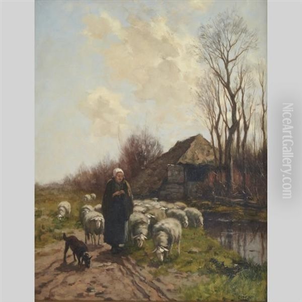 Shepherdess Leading Sheep Oil Painting by Johannes Karel Leurs