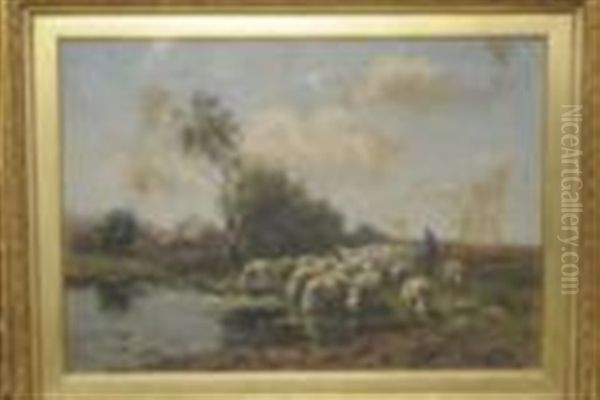 Shepherd And Sheep Beside A Pond Oil Painting by Johannes Karel Leurs