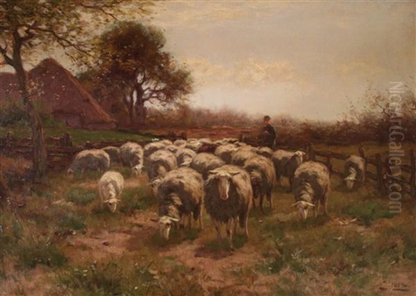 A Dutch Sheep Farm Oil Painting by Johannes Karel Leurs