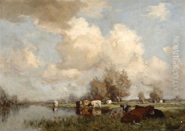 Cows By The Water's Edge Oil Painting by Johannes Karel Leurs