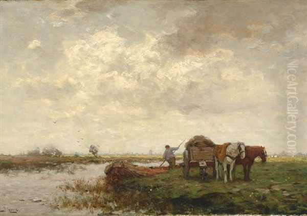 Landscape With A Farmer By A Canal With A Hay Cart Oil Painting by Johannes Karel Leurs