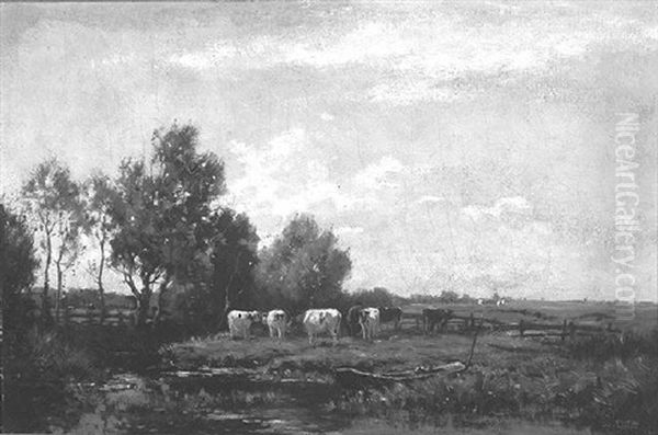 Cattle At Waters Edge Oil Painting by Johannes Karel Leurs