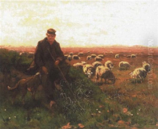 Shepherd And Flock Oil Painting by Johannes Karel Leurs